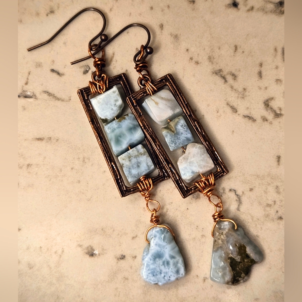 Ancient Hispaniola's Blue Larimar In Hammered Antiquated Copper Drop Earrings